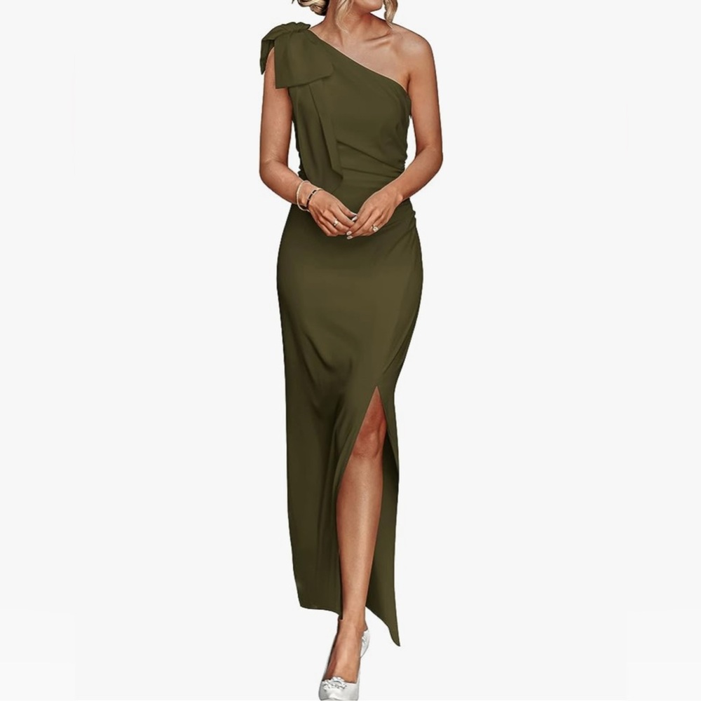 PRETTYGARDEN One Shoulder Long Ruched Bodycon Wedding Guest Slit Maxi Dress
